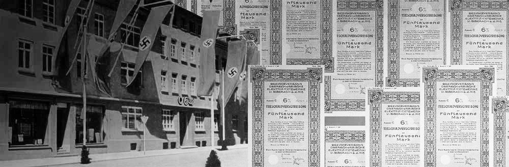 OEW-Geb&auml;ude mit NS-Flaggen und Aktien